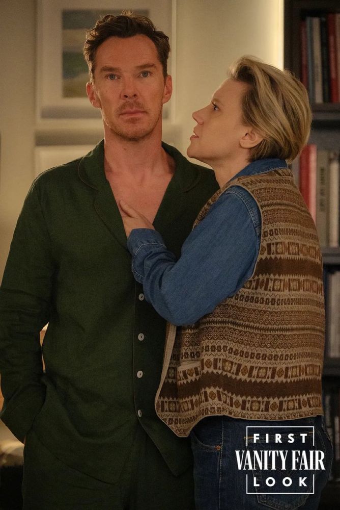 Kate McKinnon has her hand on the chest of Benedict Cumberbatch from a film called The Roses. 