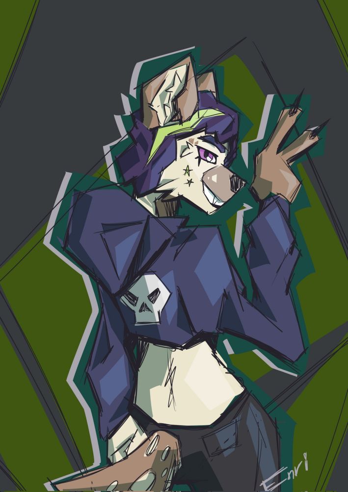 An anthropomorphic hyena with brown and cream colors and a crop top hoodie with a skull on the back.