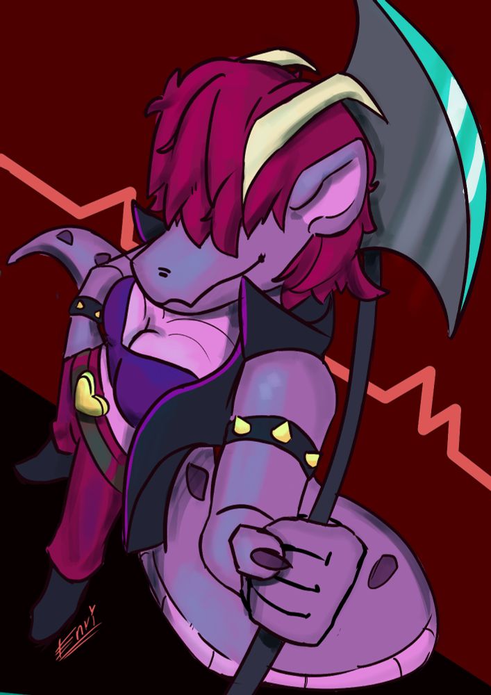 Pink and purple dragon cosplaying as Susie from Deltarune, holding a big axe