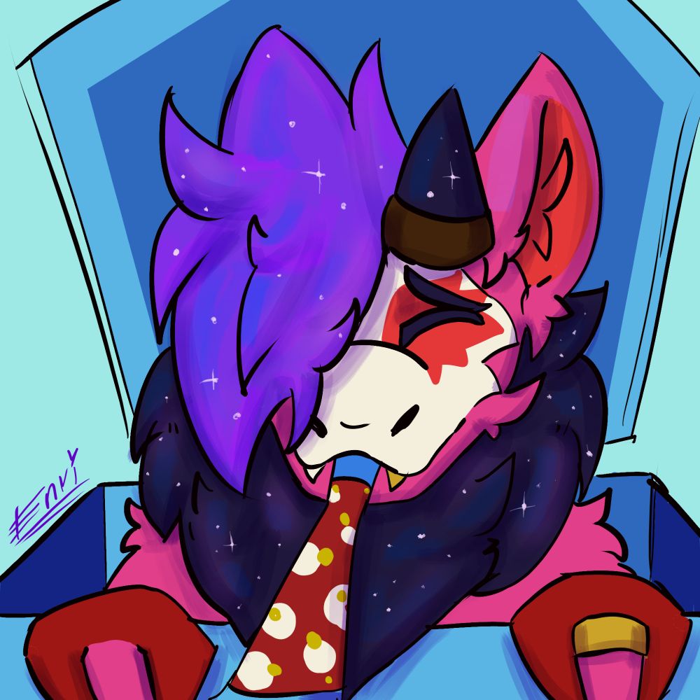 A bright pink kobold with a starry mane and hair popping out of a gift box 