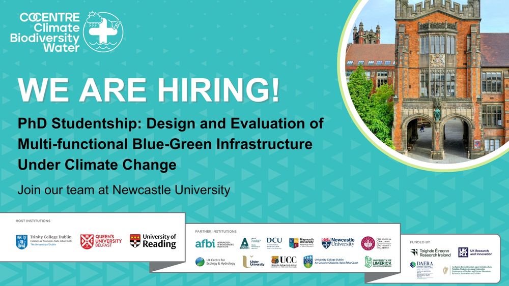 A teal infographic that is advertising a PhD studentship that aims to design and evaluate multi-functional blue-green infrastructure under climate change. 