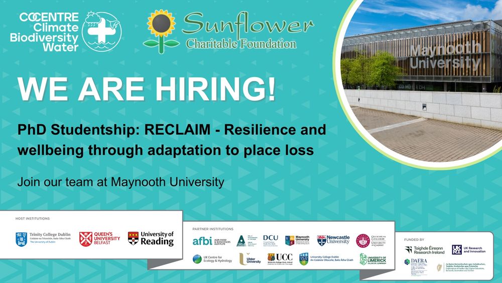 Teal infographic advertising a PhD Studentship called RECLAIM which focuses on resilience and wellbeing through adaptation to place loss