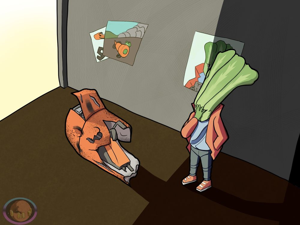 A lettuce head dude with hand on his face disappointed that his carrot motorcycle is broken. 