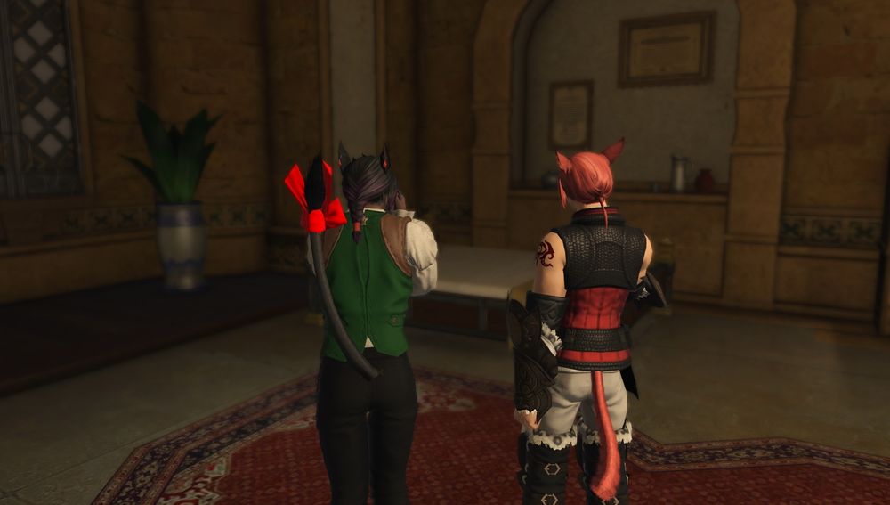 the same two miqote are now standing in front of a bed, the camera focused on their backs.