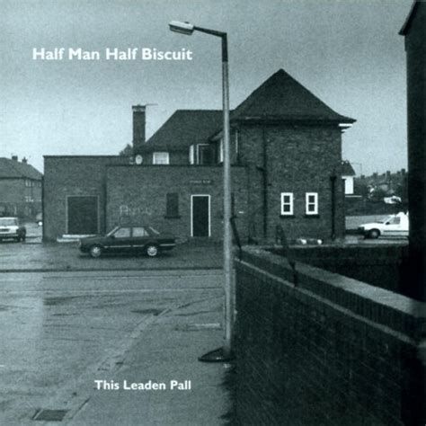 The cover of This Leaden Pall by Half Man Half Biscuit. Grey. A nondescript building, rain, a lamppost with a bike tyre thrown round it as a tribute to youth, a parked car.
