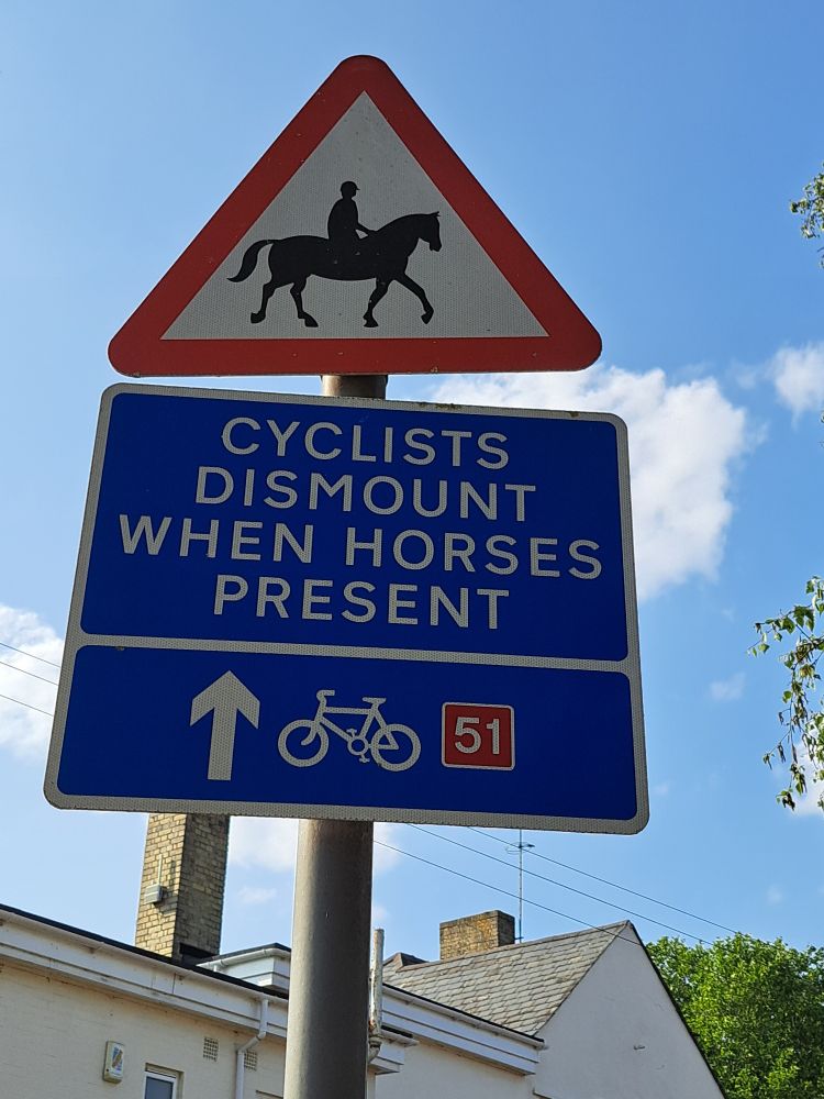 Roadsign in Newmarket warning of horse, with message 