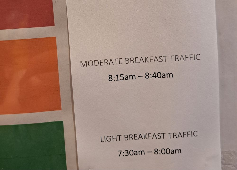 Photocopied sign in hotel saying Moderate Breakfast Traffic 8.15am-8.40am