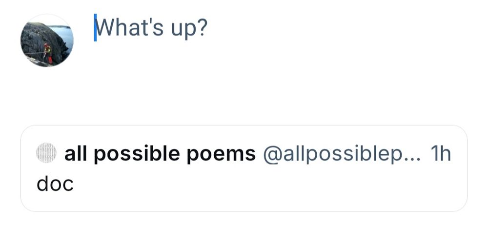 Post from 'all possible poems' reading 'doc', with blue sky quote post prompt 