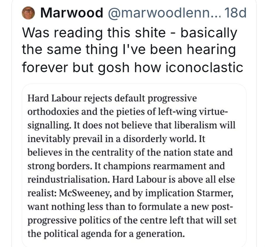 A bit of an article by some commentator about rebranding Labour strategy as Hard Labour