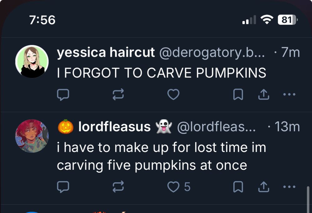 Screenshots of bluesky posts with two separate people talking about carving pumpkins last minute 