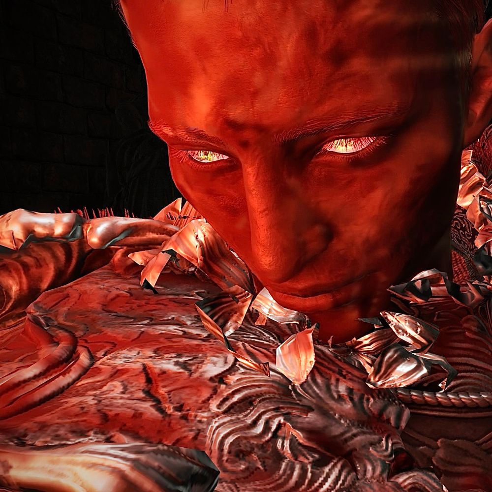 A close up screenshot from Elden Ring of a characters face. The face is illuminated by an offscreen light source but most facial details are still obfuscated by blood that covers the, but glowing eyes can be made out.
