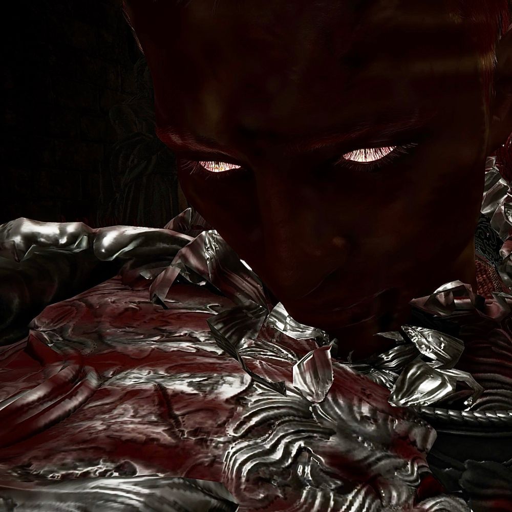 The same screenshot as the first one but the light source has been removed. The face of the character is now almost entirely shrouded in darkness saved for her eyes which still glow.