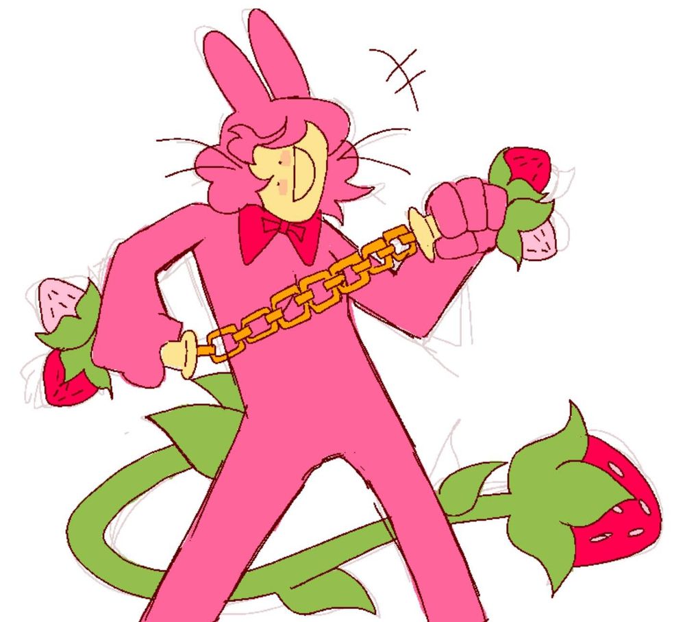 a pink rabbit with a pale yellow crooked smile mask, with a red bow and long vine tail that ends in a strawberry wields nunchuks that look like bunches of strawberries.