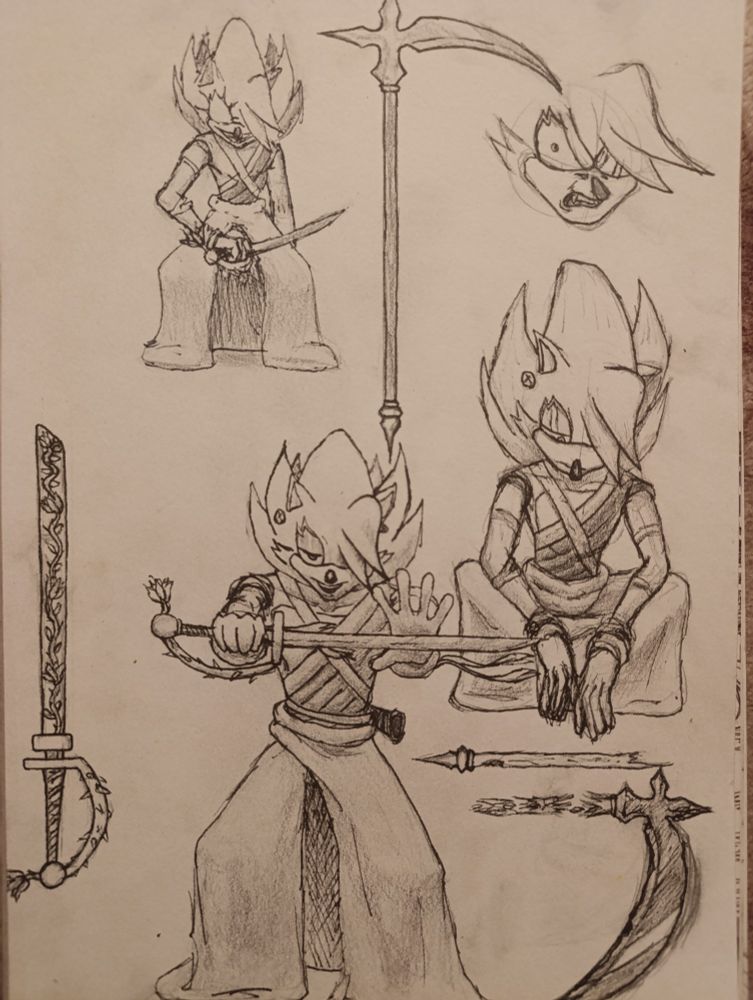 Tried defeating lord x but his desires were too great
His scythe was his first weapon after being banished
currently uses the sword he's wielding
Too lazy to continue with lore 
