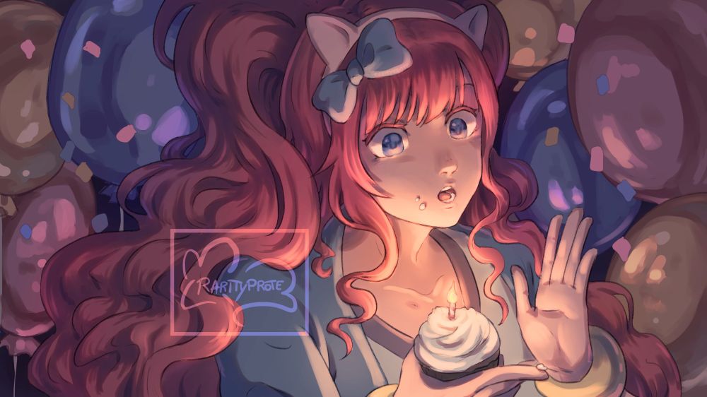 Human Pinkie Pie from bishoujo figure collab holding a cupcake with a candle, there are multiple ballons and confetti around her.