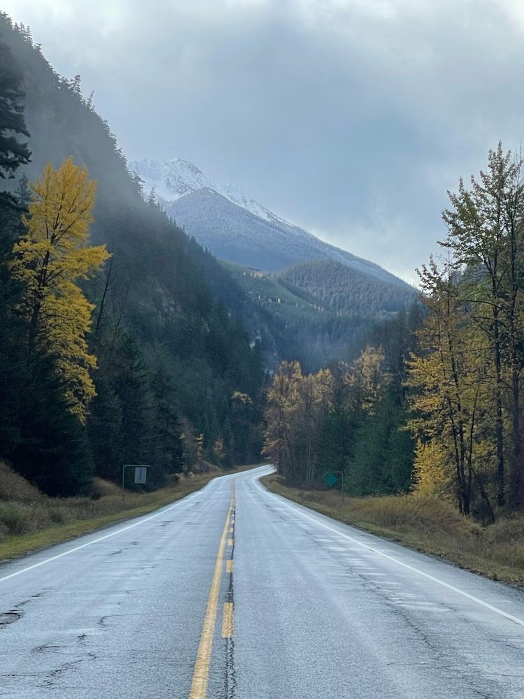 Photo of rain covered highway with trees in fall colors on either side and a snow capped mountain in the background 