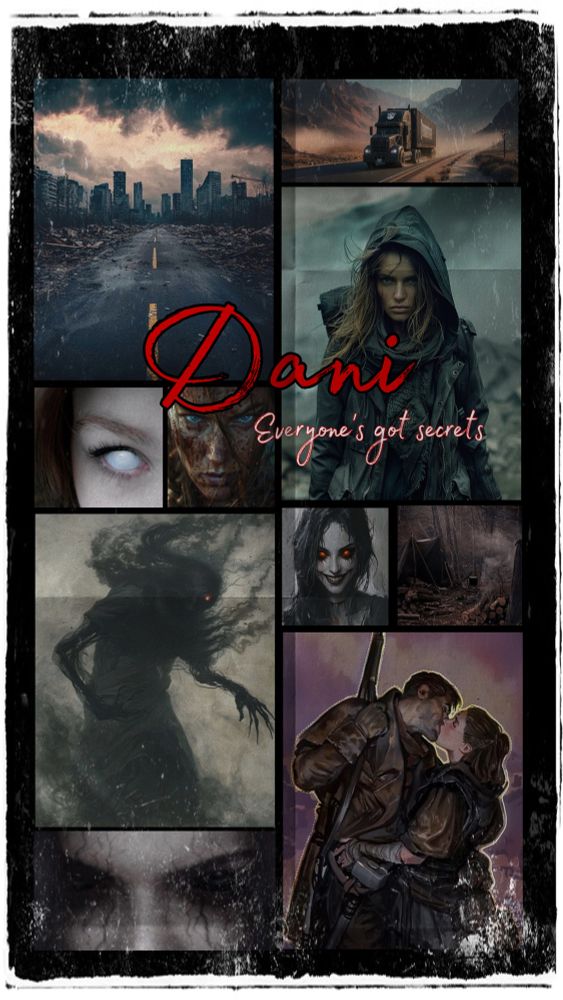 Picture is of a dark mood board with several images that are dark and brooding. Including shadow creature, close up of eyes that are pure white, eyes that are black, demon woman, apocalyptic city, black semi truck on highway, couple kissing. Text says: Dani (pronounced Dan-Eye), everyone’s got secrets. 