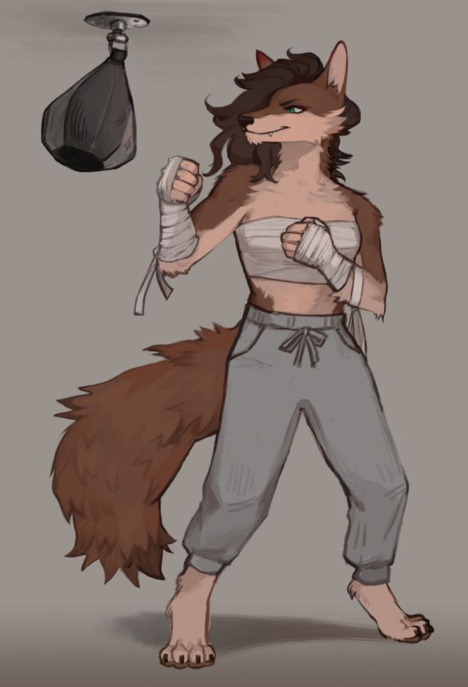 Art of Kira the coyote in sweatpants and bandages across her chest, boxer tape on her hands as she punches a speed bag