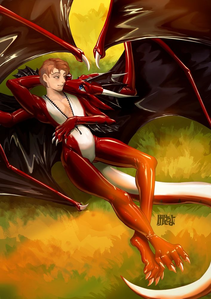 A red headed man relaxes on a grassy field while wearing a red, black, and white latex dragon suit named Draytex. The suit's chest zipper is open and it's mask is off. The suit is obviously alive, and is nuzzling the man while sheltering them from the sun with its wings.