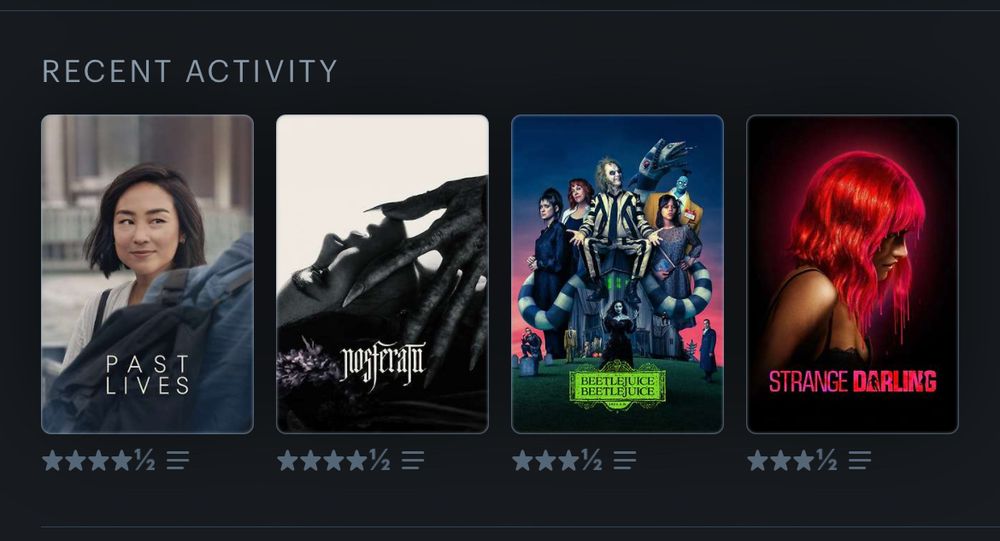 A screenshot of my last four watched movies from my letterboxd account. From left-right: Past Lives, Nosferatu, Beetlejuice Beetlejuice, Strange Darling.
