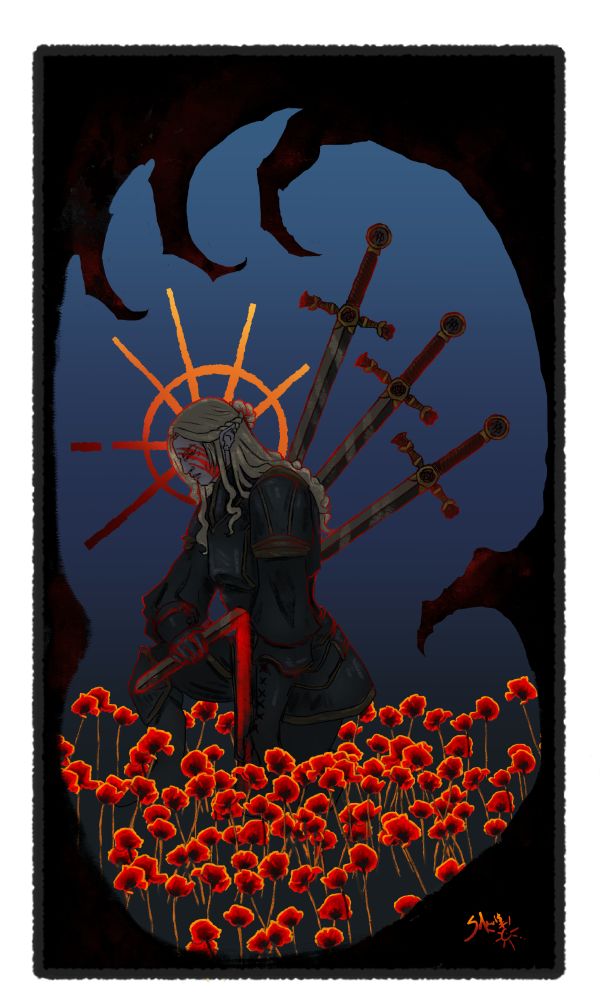 Tarot Card of the Three of Swords.

Astreux, a blond elezen in black armor, kneels in a field of fiery lit poppies reminiscent of the courtyard of the Vault, three swords like that of his Knight Captain plunged through him, hand defiantly grasped around it, stabilizing it, refusing to let it go, even as his bleeds out. His face is freshly mauled, eye freshly ruined and lit with blood. An uneven mockery of an orthodox halo, ablaze like blood and fire, sits behind his head. Wrapping around the entire scene is a dragon's wing, colored like Nidhogg's, slowly tightening around the card itself.