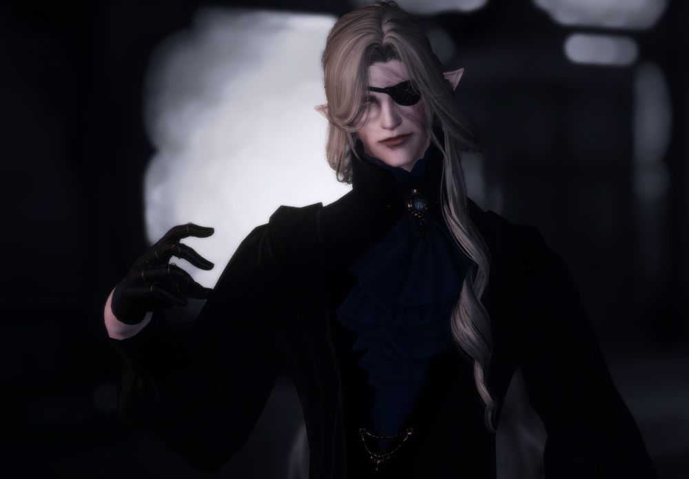 A dramatic dark picture of a male elezen, Astreux, with his blond curly hair swooping over one shoulder. His good eye is mostly obscured with how his hair is styled. He wears his characteristic all black and leather gloves.