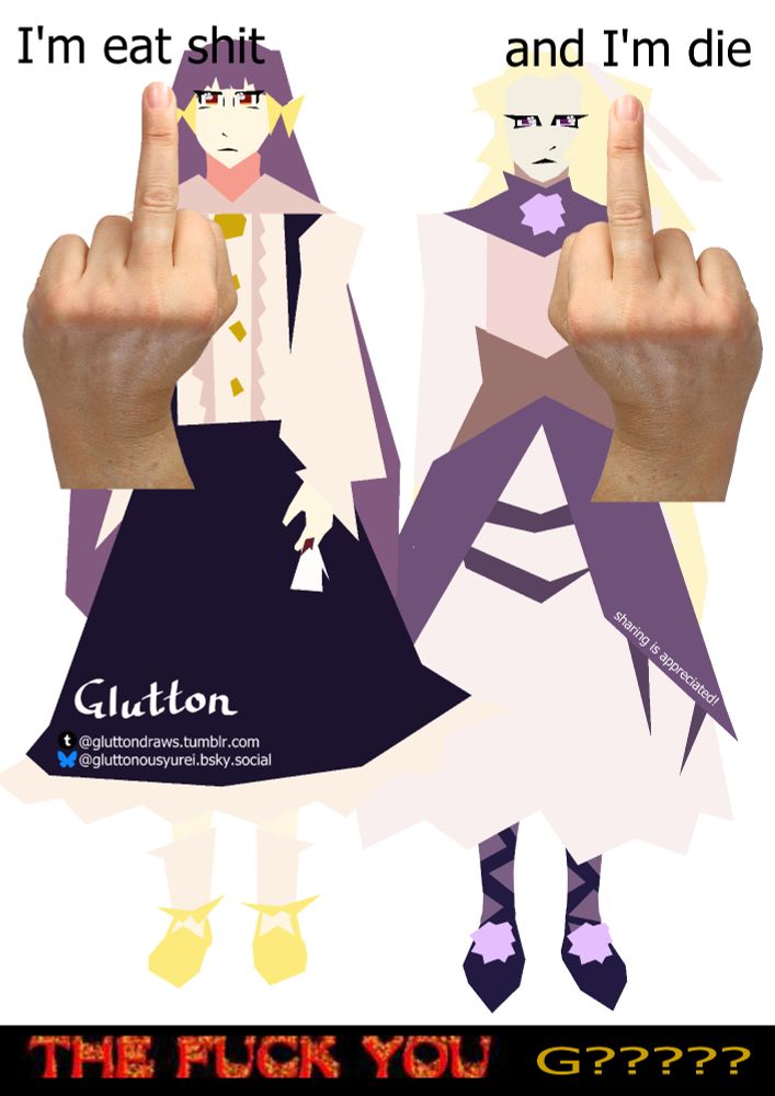 Enjel (left) and Lisette (right) from pocket mirror saying "I'm eat shit" and "and I'm die" while flipping you off.