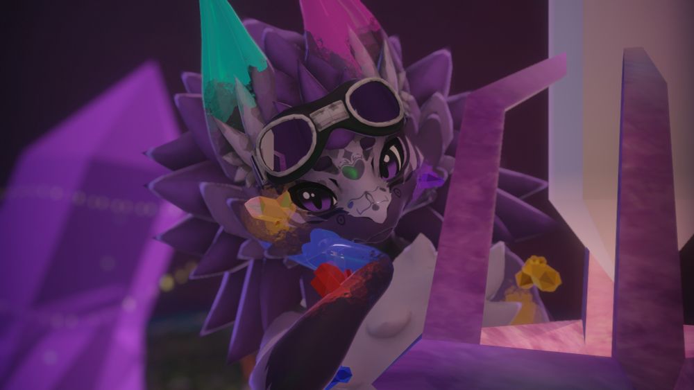 A purple Novabeast is looking wonderously into the camera. It is adorned with colorful crystals sprouting all over its body.