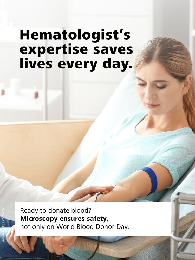 A woman donates blood while a healthcare worker assists; text highlights the importance of hematologists and blood donation safety.