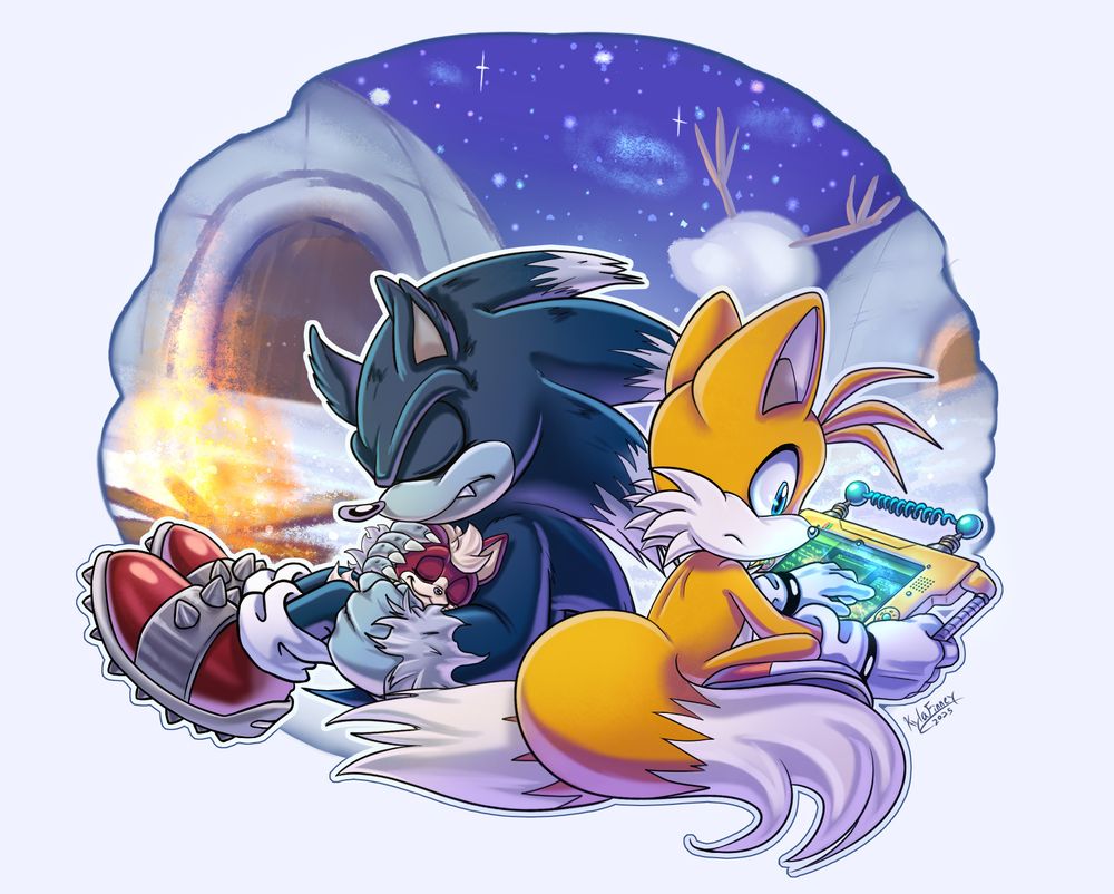 Sonic in his Werehog form from Sonic Unleashed nods off after closing his eyes for a little rest from his adventures.  Tails sits close by working while Sonic sleeps to let him get some rest and works on his Miles Electric device.  Chip nuzzles in Sonic's arms.  They're resting out in the snow under a starry night sky in Holoska in the backdrop, a couple of igloos, a snow sculpture of a deer, and a fire burning nearby.