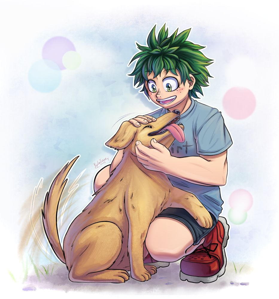An illustration depicting Izuku Midoriya from My Hero Academia as he squats down with an open smile to pet a medium/large size dog of a golden/brown color.  The dog is sitting, wagging its tail, with its tongue resting at the side as it nuzzles against Izuku with a paw resting over Izuku's lap.  The background is semi-abstract with some natural colors, giving a slight impression of natural ground.