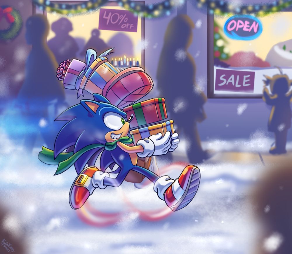 Sonic runs quickly through a shopping district of window stores, silhouettes of people around walking through the streets and sidewalks, shopping and looking in the windows.  Decorations are up and the windows are lit in the background, with sale and store signs up front.  Sonic zips down the street, his feet still visible, but his trademark figure eight motion still seen blurred.  A green scarf wrapped around him trailing in the wind, he has a large grin as he carries several gift boxes for his friends. The air is crisp and snow is falling as he prances the snowy street.  He's enjoying his time!