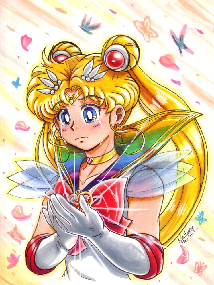 A traditional marker illustration of Super Sailor Moon, based on the series' third story arc, "Infinity", or Sailor Moon S.  Super Sailor Moon has tears rolling down her face as she looks down at her hands, close by her chest, as a light emanates from them.  This is a bit of a reference to the events of Sailor Moon S.  The scenery in the background consists of light, warm colors, with blossom petals and butterflies--butterflies were frequently associated with Super Sailor Moon's transformation.