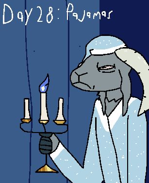 Day 28: Pajamas. An anthropomorphic goat wearing pajamas and a cap holds three candles as one in a dark building.