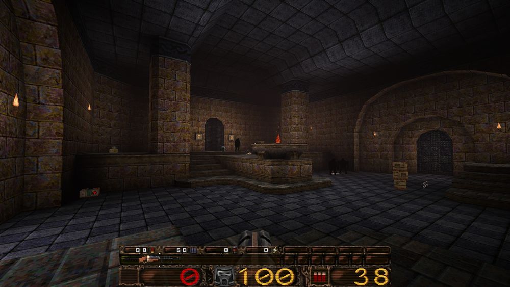 A screenshot of Librequake, an id Tech 2-based game serving as a libre alternative to Quake. The player is in a big room with brick walls and a tiled floor and ceiling, holding a double-barreled/super shotgun.
