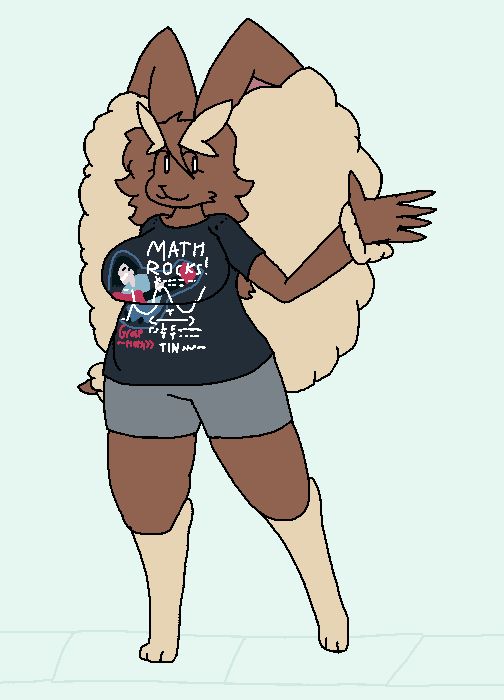 Mimi, an anthro Lopunny, in a graphic tee depicting a human playing guitar surrounded by math-related text (including "Math Rocks", "Grasp the Math", and "TIN something")