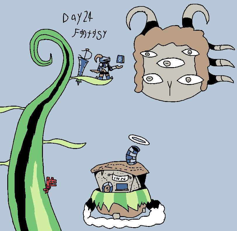 Day 24: Fantasy. On a very tall plant, an armored anthropomorphic goat (with their lance stuck in the leaf they're on) shows a book to a big floating five-eyed creature with tentacles for flight and some goat-like features. Below them is an inn on an small dirt island held by a cloud ring. Also, a goatified BUD from Grow Home is there.