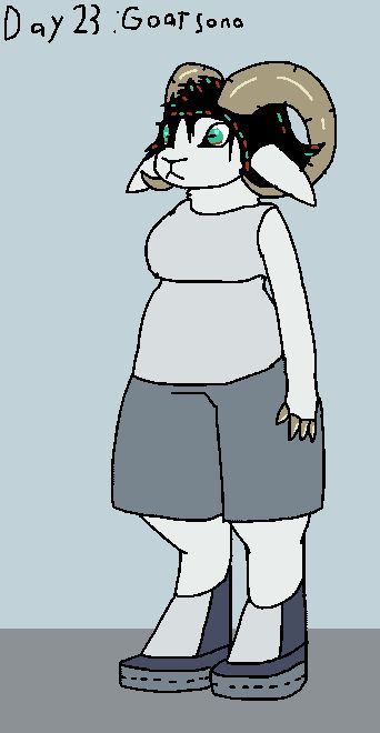 Day 23: Goatsona. One of my fursonas, a chubby anthropomorphic goat, is standing in a generic background. They have an off-white coat, green eyes with brownish tinges, messy dark hair (shown here as black with green and brown highlights), and tan horns that go around the ears. Design is not final and is subject to change.