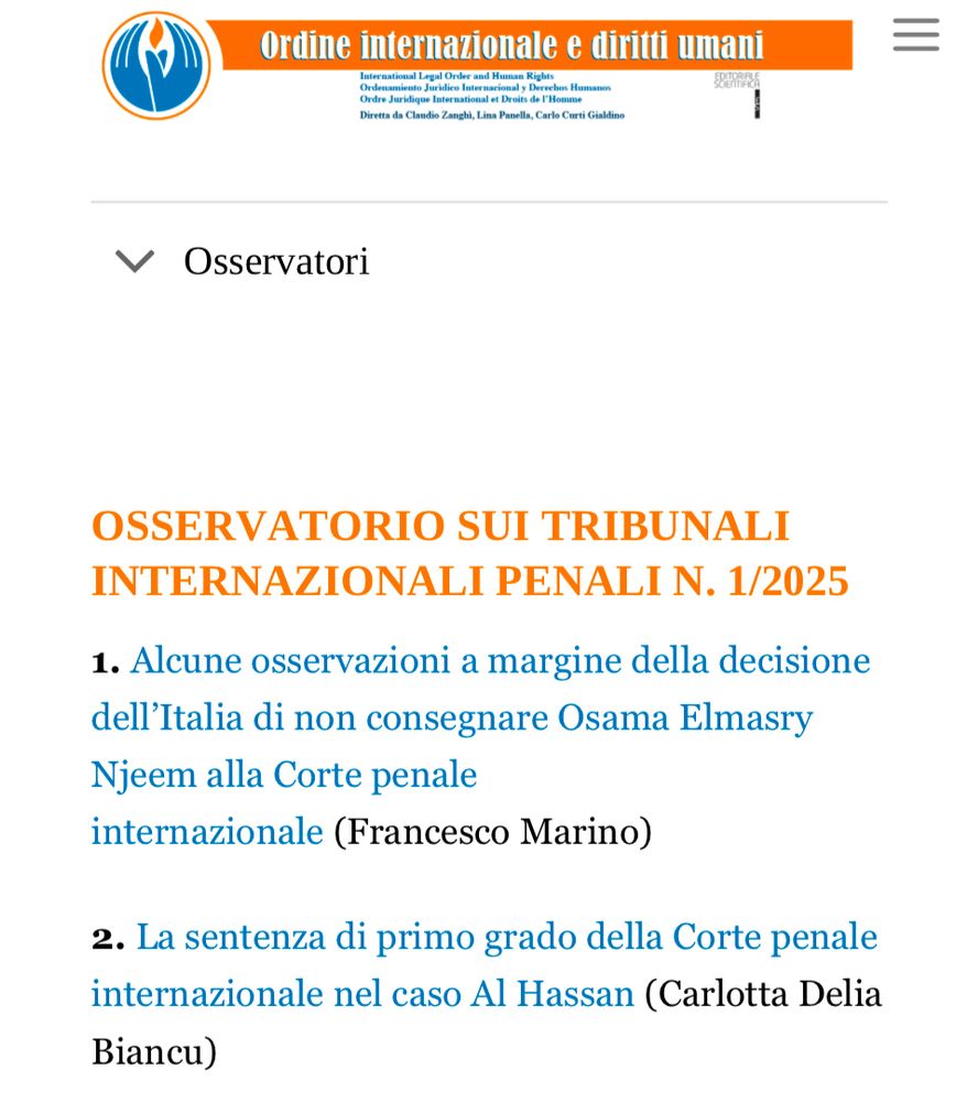 Screenshot of the cover page of the “international criminal tribunals monitor” section of Rivista OIDU (issue 1/2025), with the titles of two contributions in Italian: 1. The Elmasry/Almasri case and the failure on the part of Italy to surrender him to the ICC (by F. Marino); 2. The first instance judgment against Mr Al Hassan (by C. Biancu)