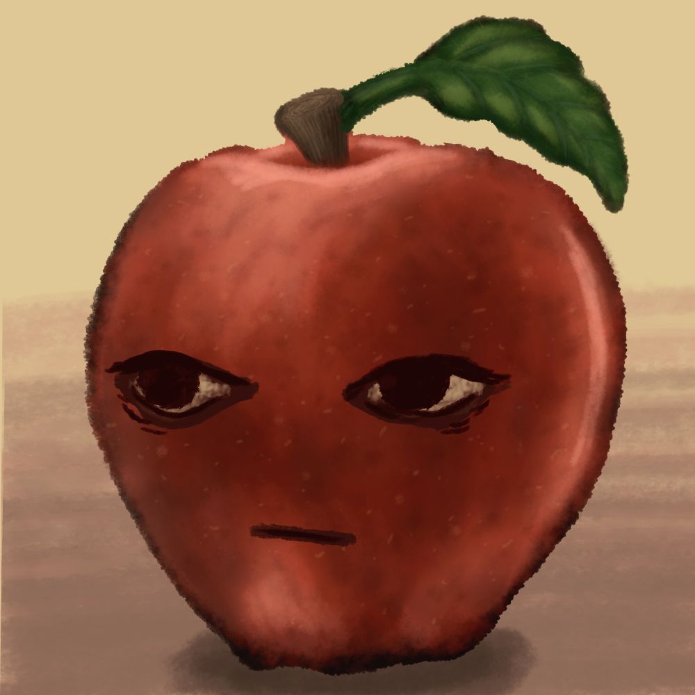 A digital painting showing a Red Apple with a single leaf. It has a face, and seems to be tired.