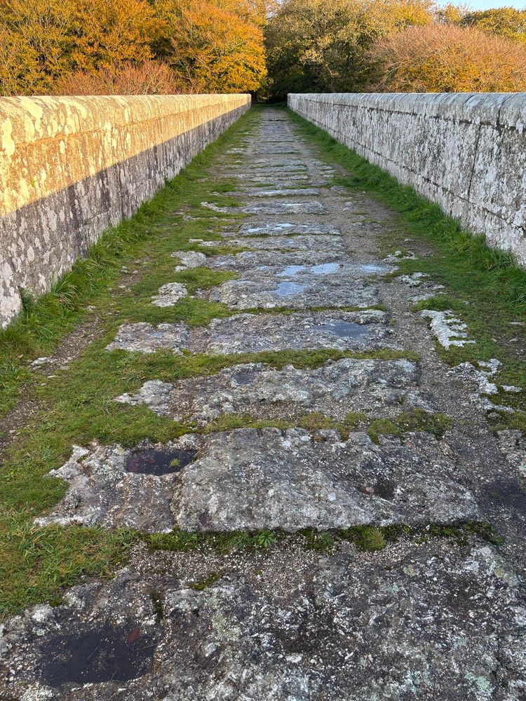 A view along the path crossing the viaduct. The stone blocks forming the surface still shoe where the rails of the tramway were positioned. The water channel ran directly beneath the blocks. Stone parapets are at each side.