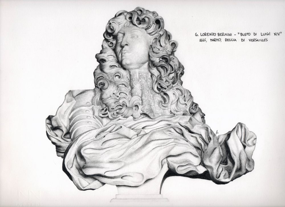 A pencil drawing of the bust of Louis XIV, a marble sculpture by Gian Lorenzo Bernini.