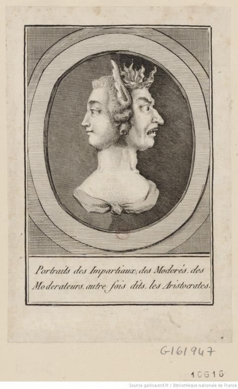 Lithographie de Camille Demoulin représentant un Janus dit bifrons (2 visages) l'un raisonnable et l'autre monstrueux. "portrait des Impartiaux, des Modérés, des Modérateurs, autres fois dits les Aristocrates".