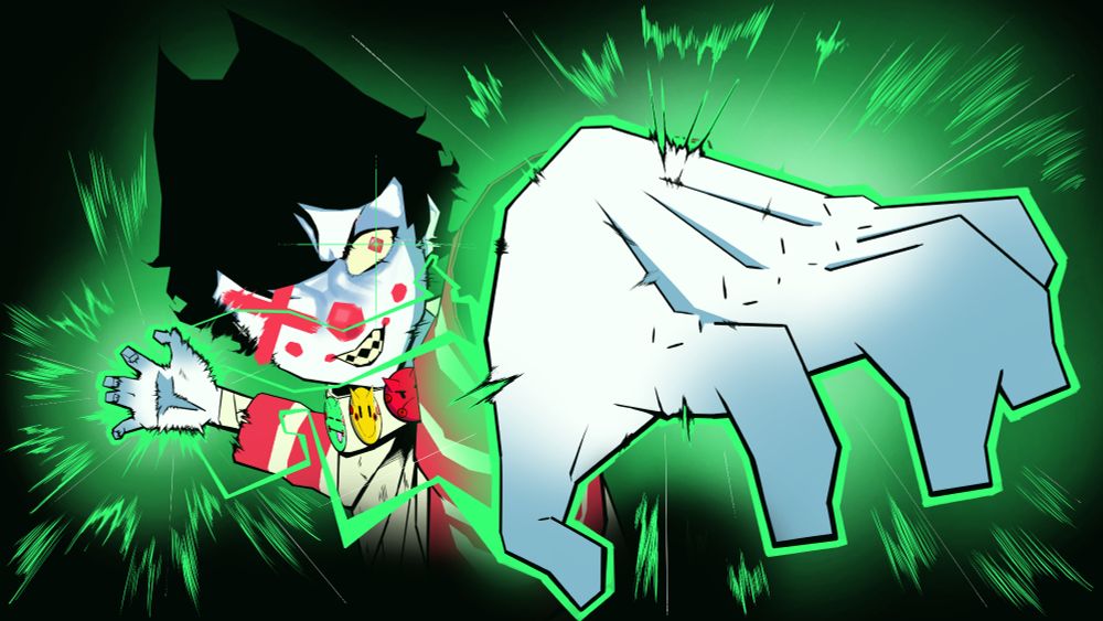 Nutz extending his hand out with electricity linking both hands, lighting up a dark area