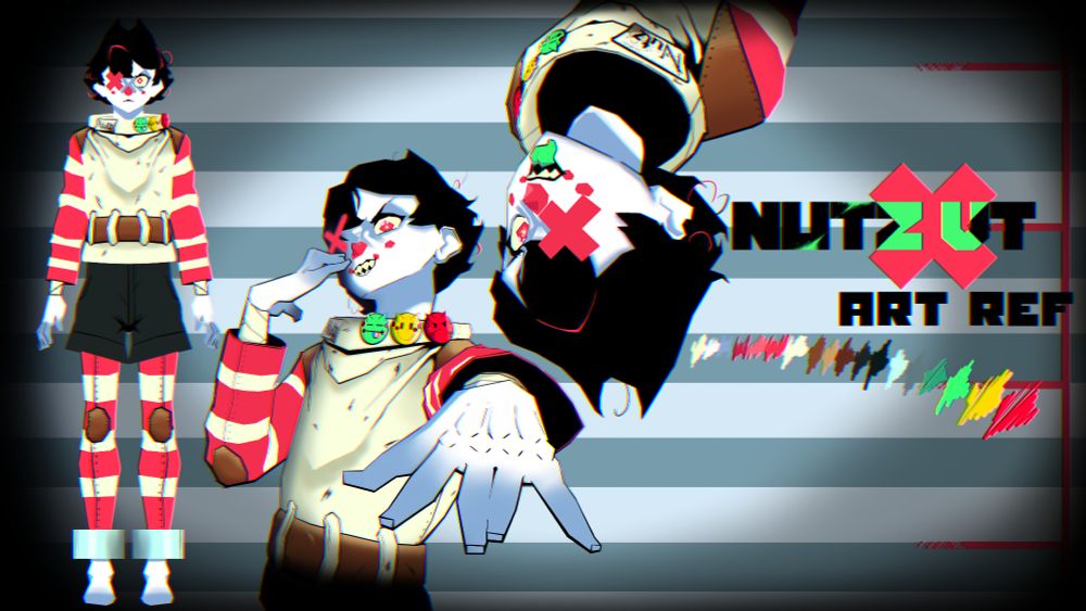A Nutz Character ref. One pose where Nutz is standing straight. One pose is Nutz displaying his glowing X eye while holding a hand out. And the last pose is Nutz upside down with his green tongue out.