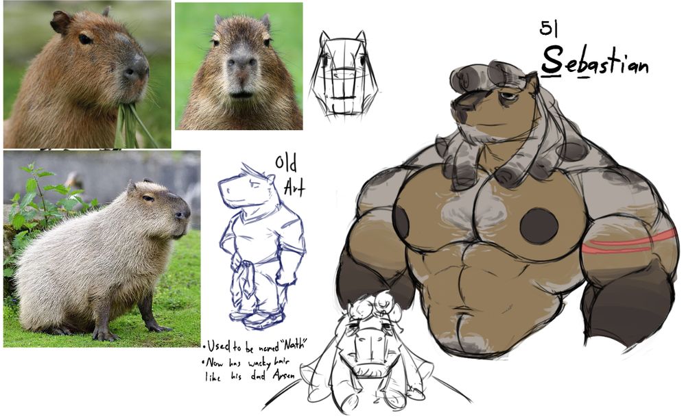 Sebastian, a capybara man with wacky rolls of hair definitely not inspired by two jojo characters

the text for the old art reading:
- Used to be named "Nath"
- Now has wacky hair like his dad Arsen