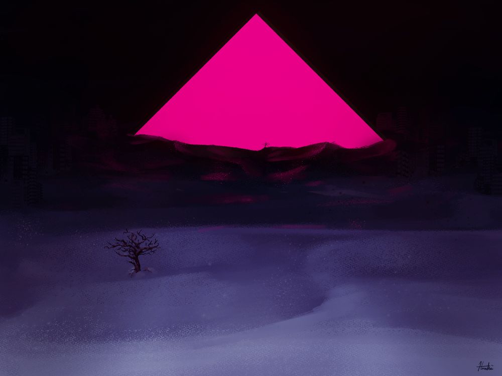 "Magenta mountain"

Yep, it is a glowing magenta pyramid sitting in snow surrounded by buried buildings and sparse dead trees.

There is lore to this though, which I attribute to one of my characters Tony being tied to the concept of void. From what I can understand, magenta mountain is literally something you can't perceive or access unless you see it in a certain way. Magenta as a color doesn't really exist outside of our color perception as it's a product of red and blue in our eyes.