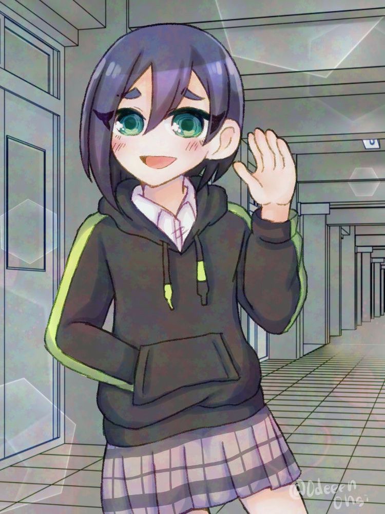 学校にいる胡桃
向かい側にいる相手に手を振っている