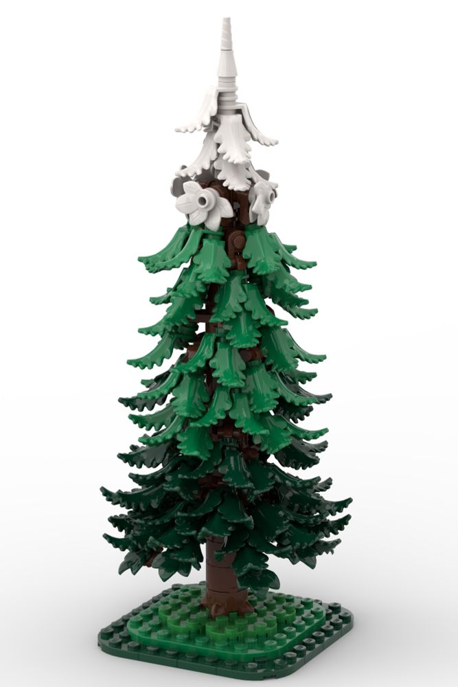 Lego build of a pine tree with snowy leaves at the top