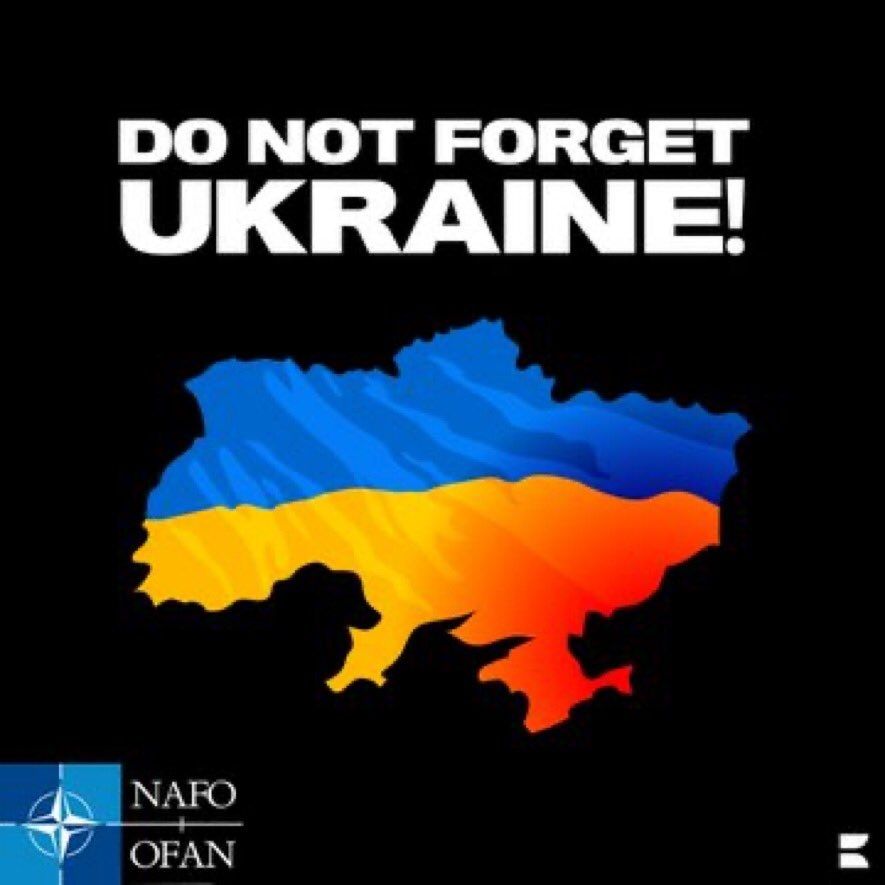 Auf schwarzem Hintergrund sind in den Nationalfarben blau und gelb die Umrisse der Ukraine abgebildet.
TEXT: DO NOT FORGET UKRAINE 